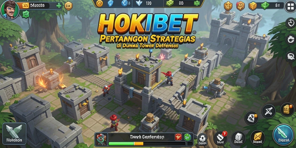 Screenshot gameplay HOKIBET menampilkan aksi menara pertahanan yang intens.