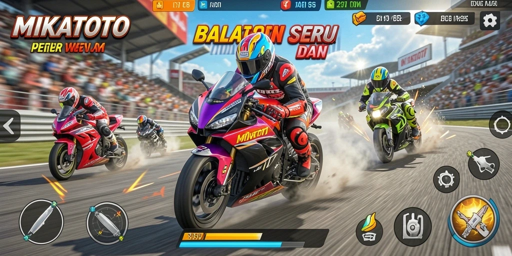 Screenshot MIKATOTO yang menunjukkan aksi balap motor yang seru.