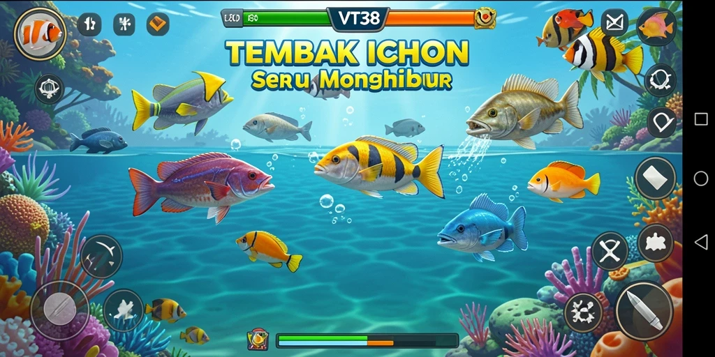 Tampilan gameplay VT38 menampilkan pemain menembak ikan berwarna-warni di bawah laut.